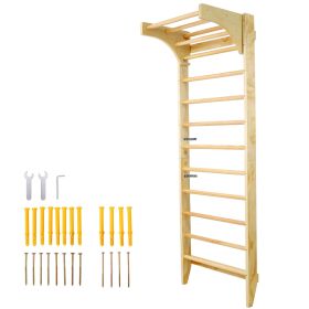 Wooden Swedish Ladder, Stall Bars Set for Physical Therapy & Gymnastics (with Adjustable Pull-up Bar)