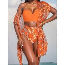 Women's Maple Leaf Printed High Waist Mesh Bikini Suit (Option: Orange 2-M)