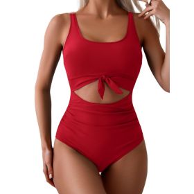 One-piece Female Stitching Contrast Color Strap Covered Belly Swimsuit (Option: Red-XXL)