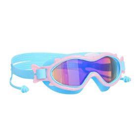 Kids Swim Goggles With Ear Plugs UV Protection Anti-Fog Leak Proof Wide View Pool Swimming Goggles (Option: Blue PinkRim)