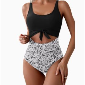 One-piece Female Stitching Contrast Color Strap Covered Belly Swimsuit (Option: Black and black dots-M)