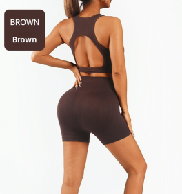 Workout Sets for Women 2 Piece High Waisted Seamless Leggings with Padded Stretchy Sports Bra Sets Gym Clothes (Color: Brown, size: L)
