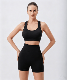 Workout Sets for Women 2 Piece Seamless Ribbed Crop Tank High Waist Shorts Yoga Outfits (Color: BLACK, size: M)