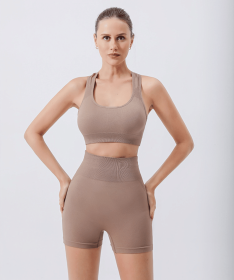Workout Sets for Women 2 Piece Seamless Ribbed Crop Tank High Waist Shorts Yoga Outfits (Color: Khaki, size: M)