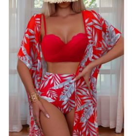 Women's Maple Leaf Printed High Waist Mesh Bikini Suit (Option: Red-L)