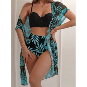 Women's Maple Leaf Printed High Waist Mesh Bikini Suit (Option: Black-M)