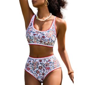 Fashion Paisley Pattern Floral Edge Sexy Bikini Swimsuit (Option: Red-XL)