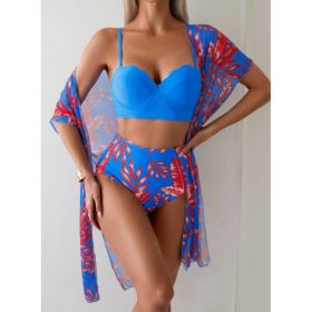 Women's Maple Leaf Printed High Waist Mesh Bikini Suit (Option: Sapphire Blue-L)